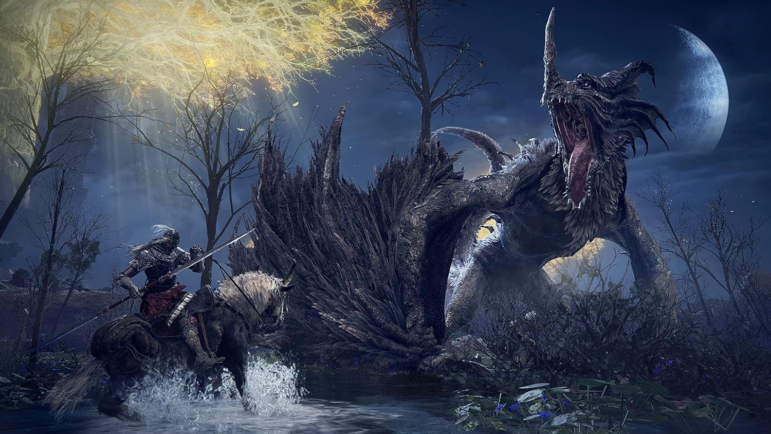 Showcases the product (video game) in an immersive, atmospheric gameplay scene to evoke excitement and demonstrate the game's visual quality and epic fantasy setting.