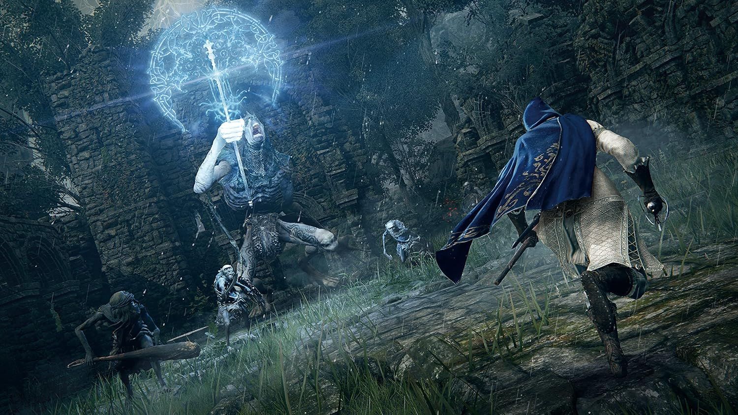 Showcases the product (video game) in its natural context with atmospheric gameplay visuals to immerse potential buyers in the game's fantasy world and combat experience.