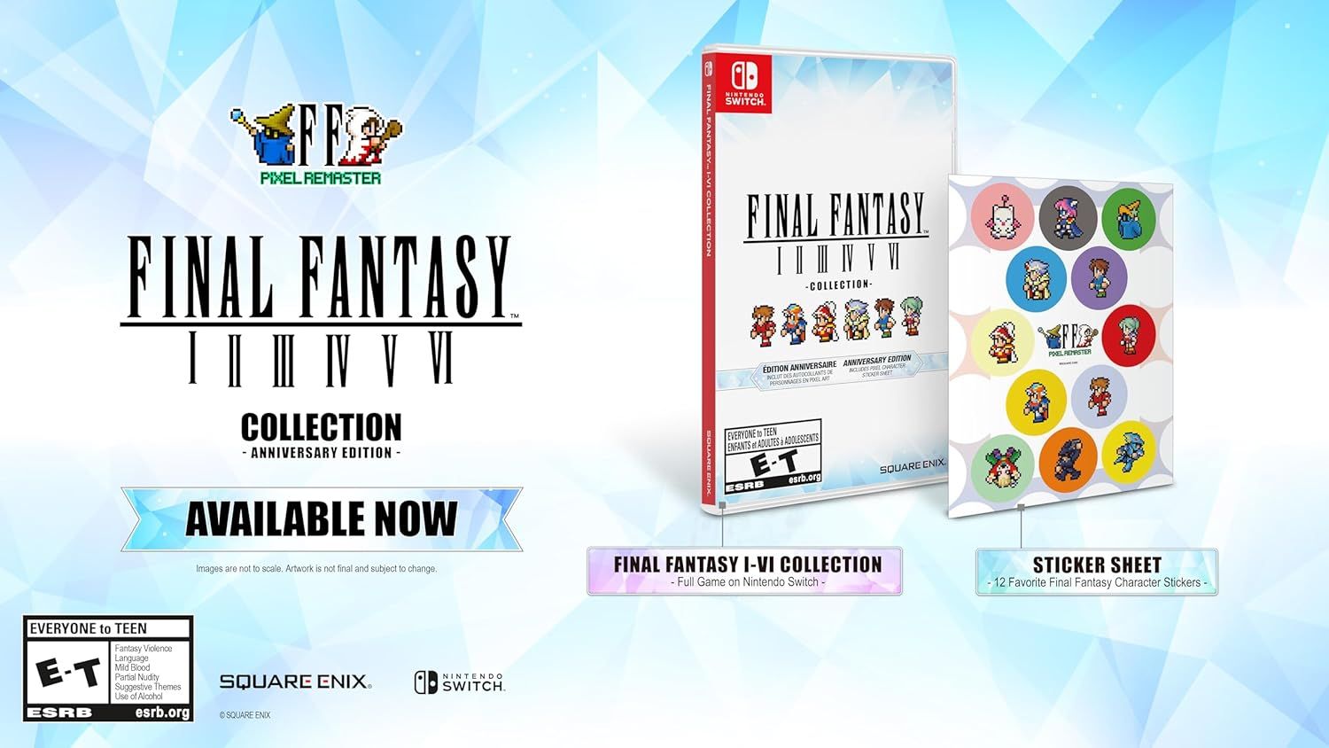 Shows shoppers what they receive with purchase: the Final Fantasy I-VI Collection game for Nintendo Switch plus a bonus sticker sheet featuring 12 favorite Final Fantasy characters.