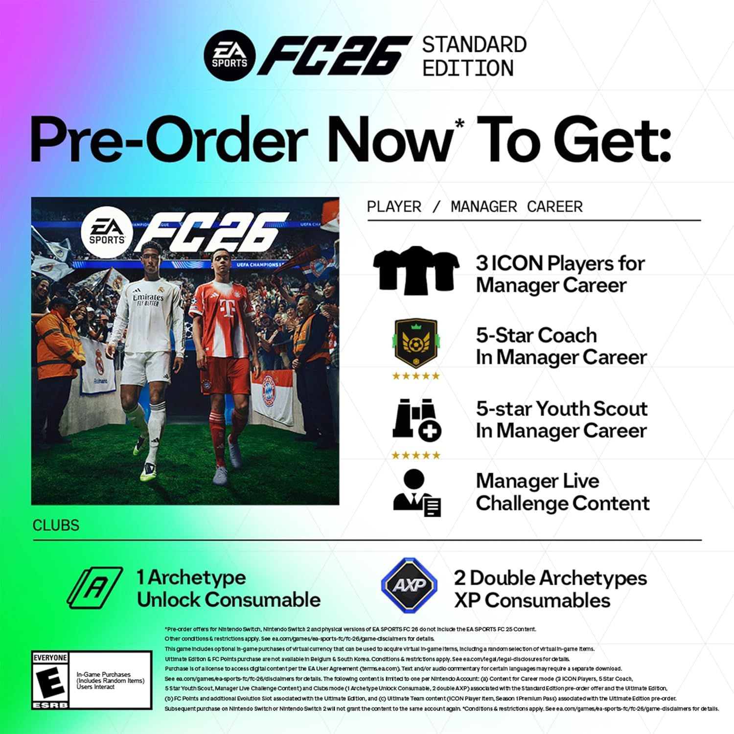 This image communicates all the bonus content and in-game items included with the pre-order of EA Sports FC26 Standard Edition, reassuring shoppers of the added value they receive by pre-ordering.
