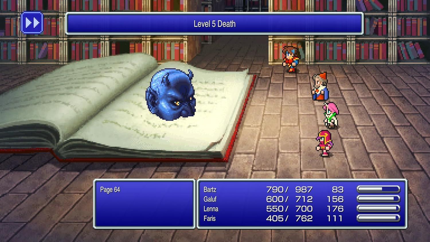 This is a screenshot from a video game (appears to be Final Fantasy) showing a battle scene in a library. This is not an Amazon product image and does not fit any of the secondary image…