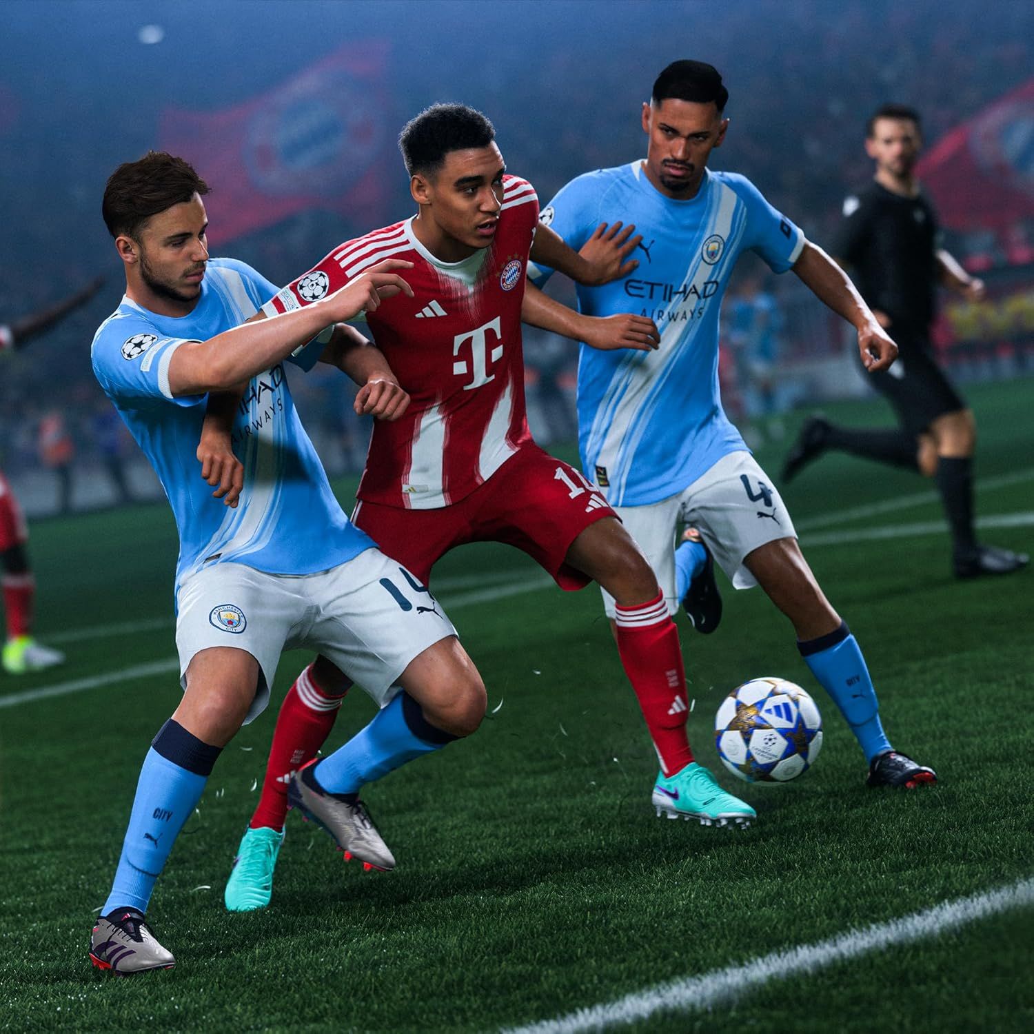 This appears to be a video game screenshot showing soccer gameplay, not an Amazon product image. It displays players from Manchester City and Bayern Munich in a match scene.