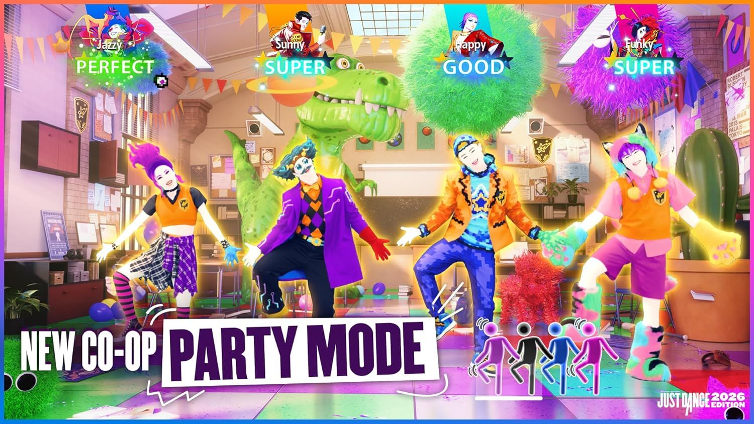 Highlights the new multiplayer co-op party mode feature to communicate social gameplay and fun group entertainment.