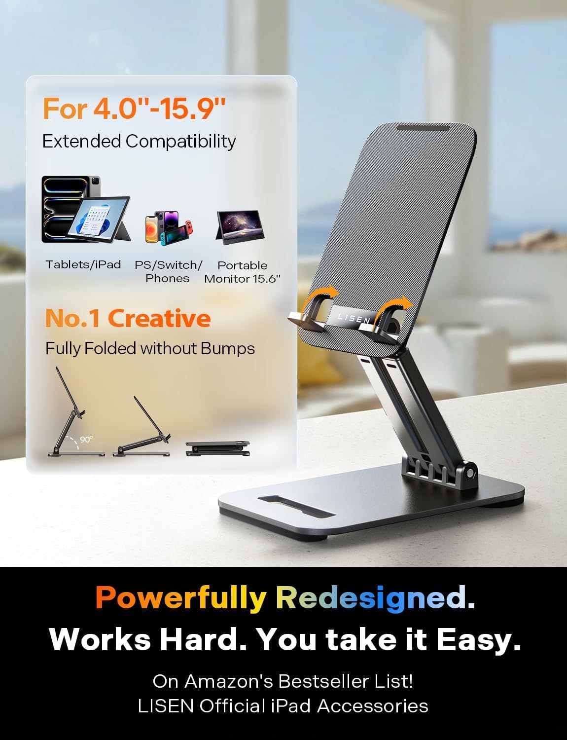 Demonstrates the product's versatility by showing it works with multiple device types including tablets, iPads, gaming consoles, phones, and portable monitors ranging from 4.0 to 15.9 inches.…