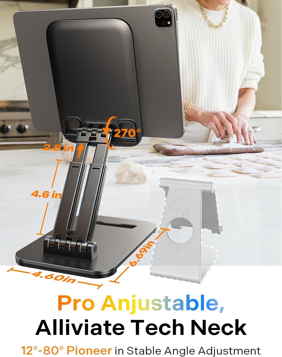 Communicates the physical dimensions and adjustability specifications of the tablet stand to help shoppers understand its size and flexibility for different viewing angles. Highlights multiple…