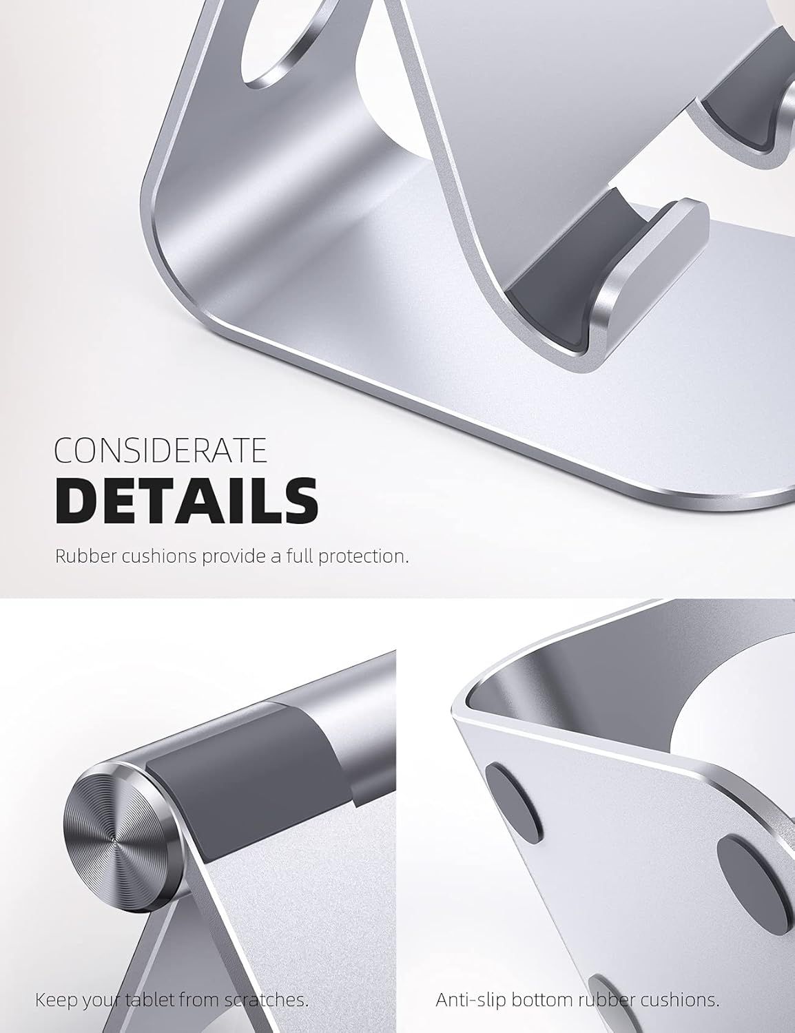 Highlights the protective design details of the stand, including rubber cushions that prevent scratches and provide anti-slip stability, reassuring shoppers of the product's quality and device…