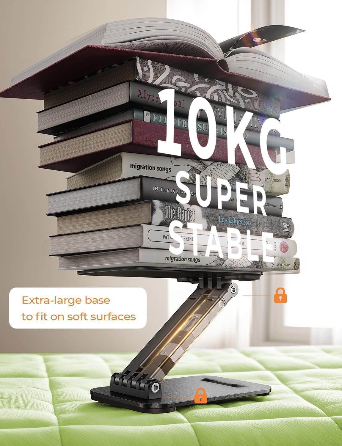 Communicates the impressive weight capacity of the book stand to reassure shoppers it can handle heavy loads like large stacks of books. Highlights the product's stability and extra-large base…