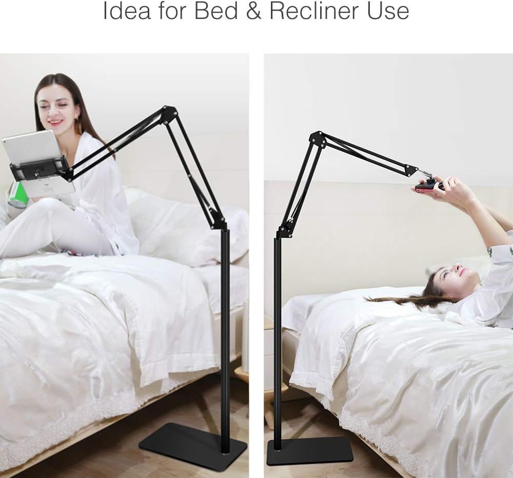 Demonstrates multiple use cases for the adjustable stand, showing how it can be used for hands-free tablet viewing while sitting up in bed or lying down in a recliner position, emphasizing…