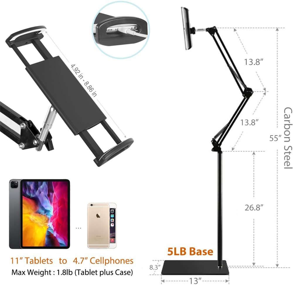 Communicates the physical dimensions and specifications of the tablet/phone stand, including arm reach, base size, and weight capacity to help shoppers understand if it fits their space and device…