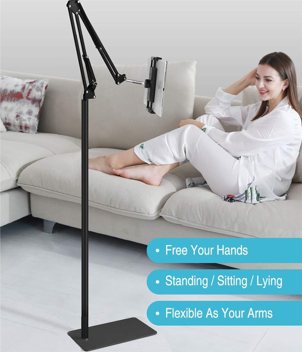Communicates the product's versatility by highlighting three distinct benefits: hands-free operation, usability in multiple positions (standing, sitting, lying), and flexible arm adjustability for…