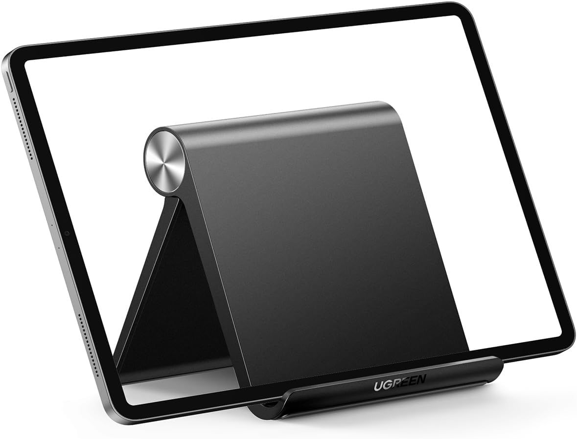 Provides a clean, catalog-style view of the tablet stand product showing its design, build quality, and how it holds a tablet device.