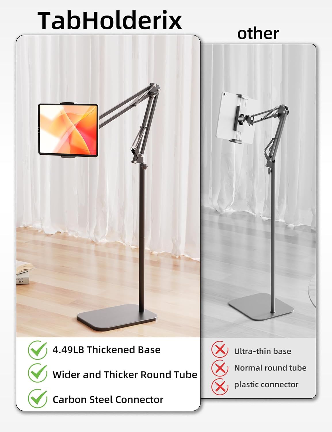 Demonstrates the superiority of the TabHolderix tablet stand over competing products by highlighting its thicker base, wider tube, and carbon steel connector versus competitors' ultra-thin base,…