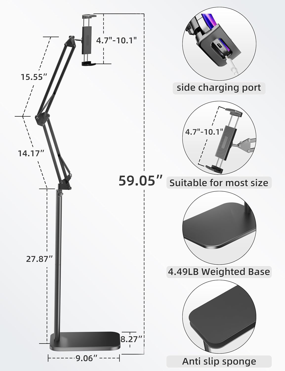 This image breaks down the physical components and dimensions of the tablet/phone stand, showing shoppers the structural features, measurements, and key parts like the charging port, adjustable…