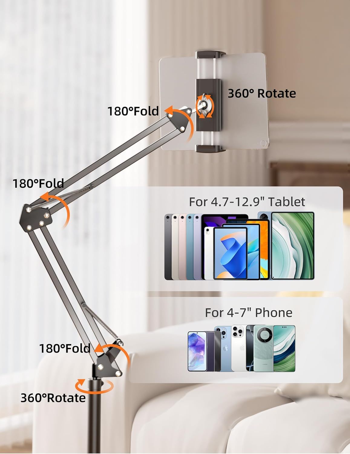 Highlights the physical articulation points and movement capabilities of the tablet/phone holder arm, showing shoppers how the product's joints enable flexible positioning and adjustment.…