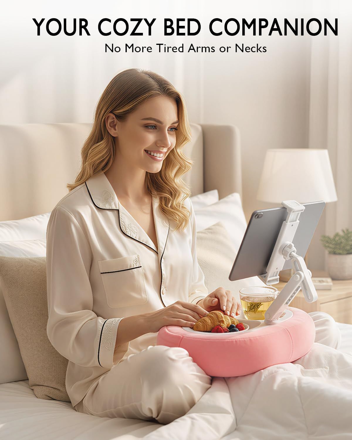 Communicates that the product (lap desk with tablet holder) provides comfort and convenience for in-bed activities, eliminating the need to hold devices and preventing tired arms or necks.