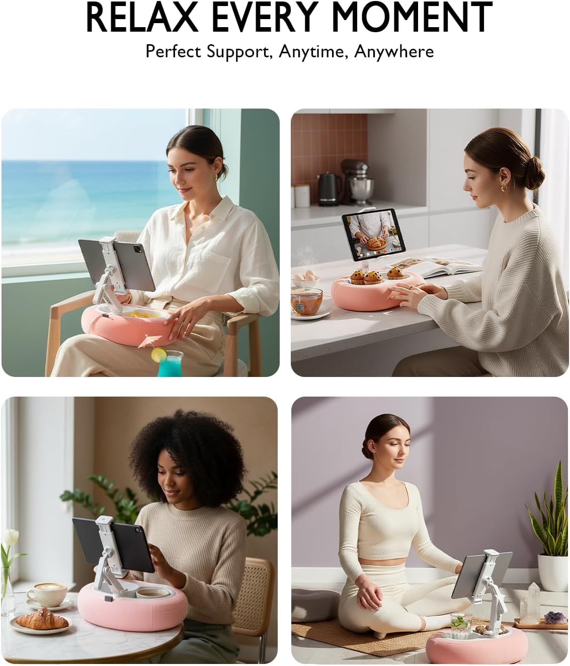 Demonstrates the product's versatility by showing it can be used in multiple real-world scenarios—by the beach, in the kitchen, at a dining table, and during meditation—reassuring shoppers that it…