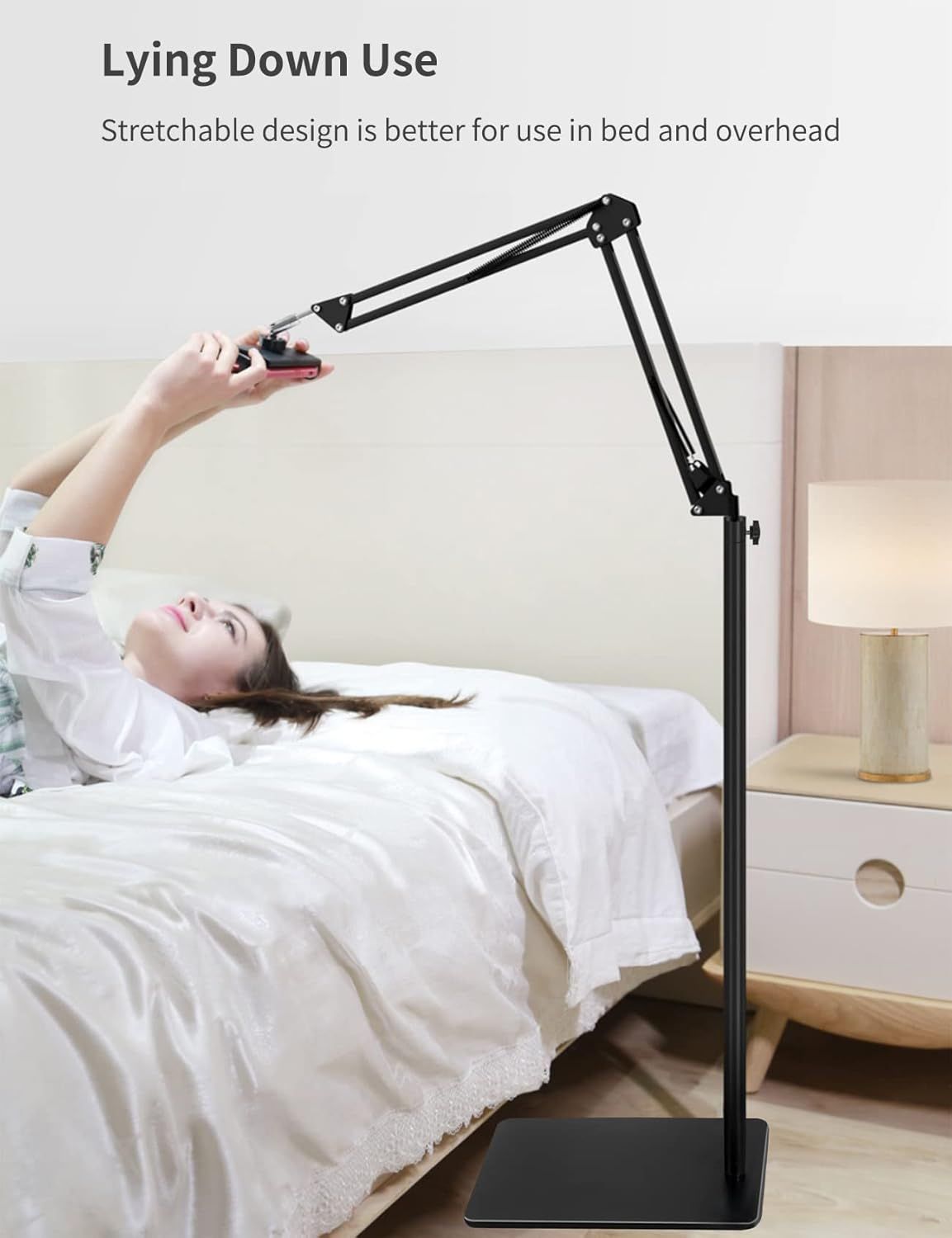 Demonstrates that the product's adjustable, stretchable arm design allows comfortable hands-free use while lying in bed, reassuring shoppers of its convenience and ergonomic flexibility.