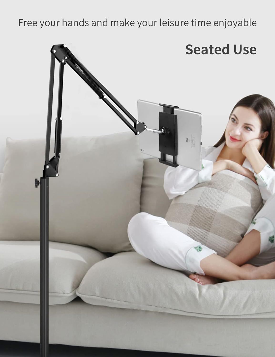 Demonstrates the product's ability to hold a tablet hands-free while the user relaxes on a couch, emphasizing comfort and convenience during leisure time.