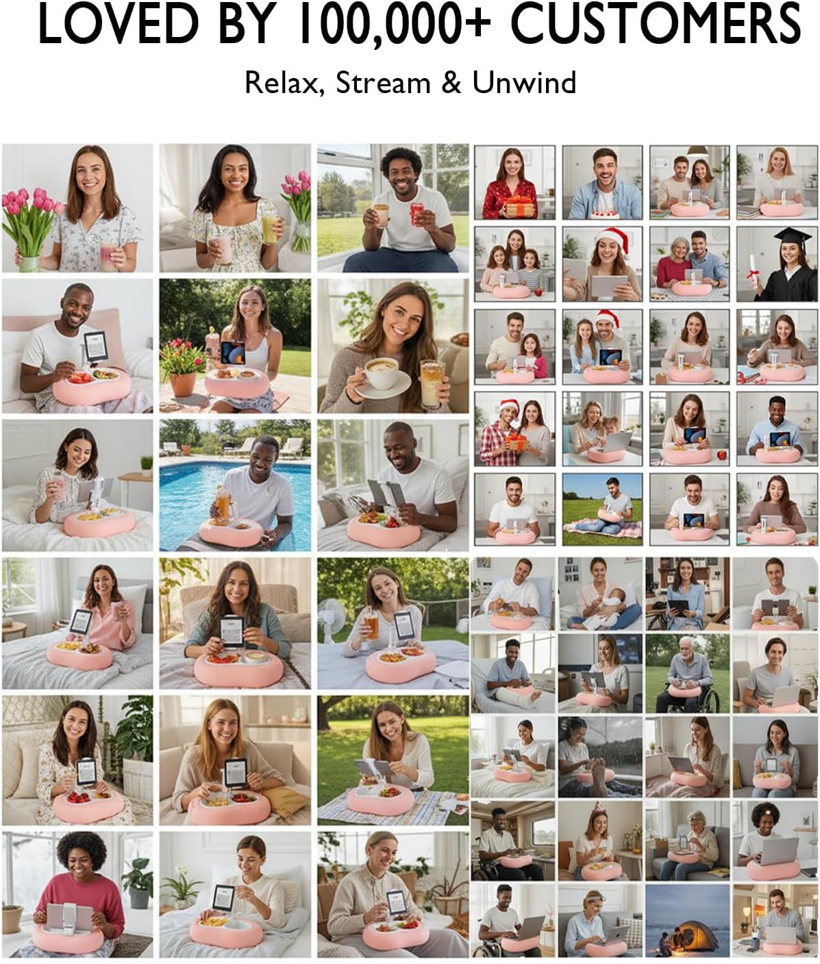 Builds trust and social proof by showcasing a large collage of real customer photos using the product in various everyday settings, reinforcing the claim of being loved by 100,000+ customers.