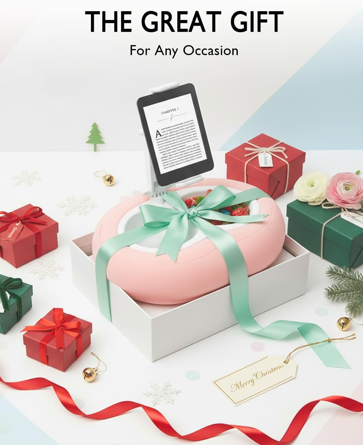 Positions the product as an ideal gift for any occasion, with strong seasonal and holiday cues including wrapped gifts, Christmas ornaments, evergreen branches, and 'Merry Christmas' tag to drive…