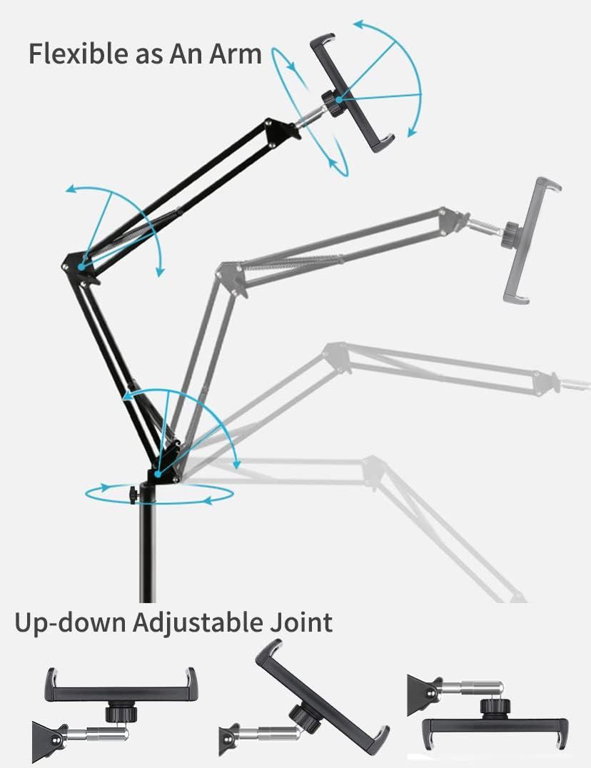 Demonstrates the physical flexibility and adjustability of the tablet/phone mount arm, showing shoppers how the joints rotate and move in multiple directions for optimal positioning.