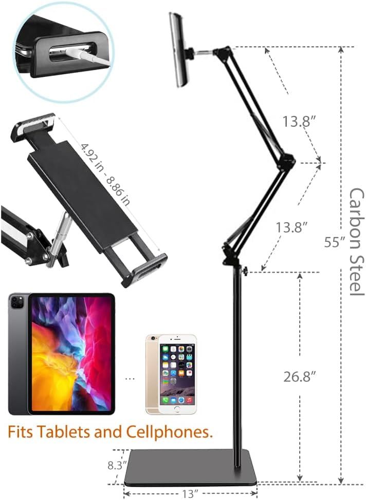 Communicates the physical dimensions and adjustability of the tablet/phone stand, showing shoppers the exact measurements of the arm segments, base, and total height to help them understand if it…