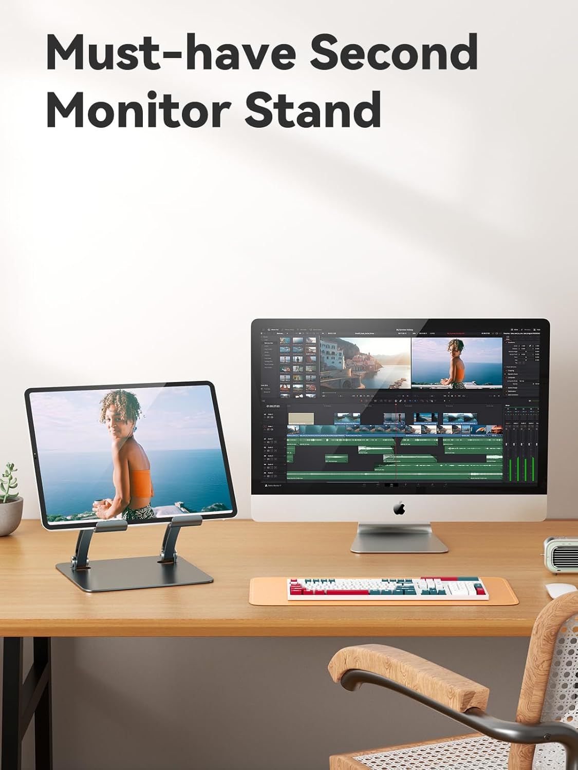 Demonstrates the product's use case as a second monitor stand for enhancing workspace productivity and multi-screen workflows. Positions the monitor stand as a must-have accessory for professionals…