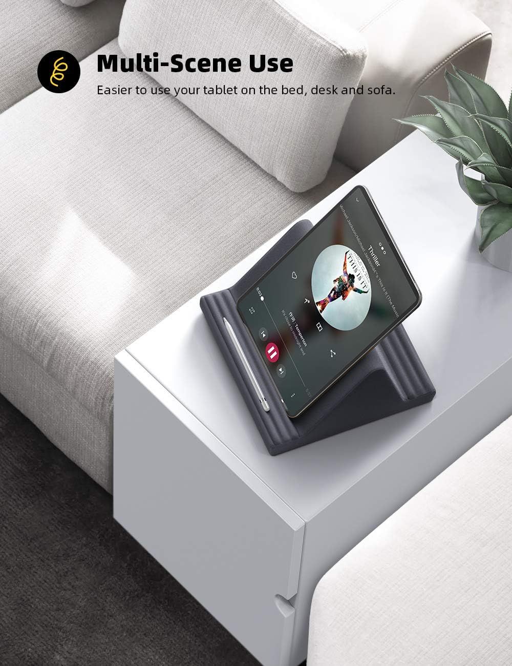 Demonstrates the product's versatility by showing it can be used in multiple settings (bed, desk, and sofa), reassuring shoppers that the tablet stand is adaptable to various everyday scenarios.…