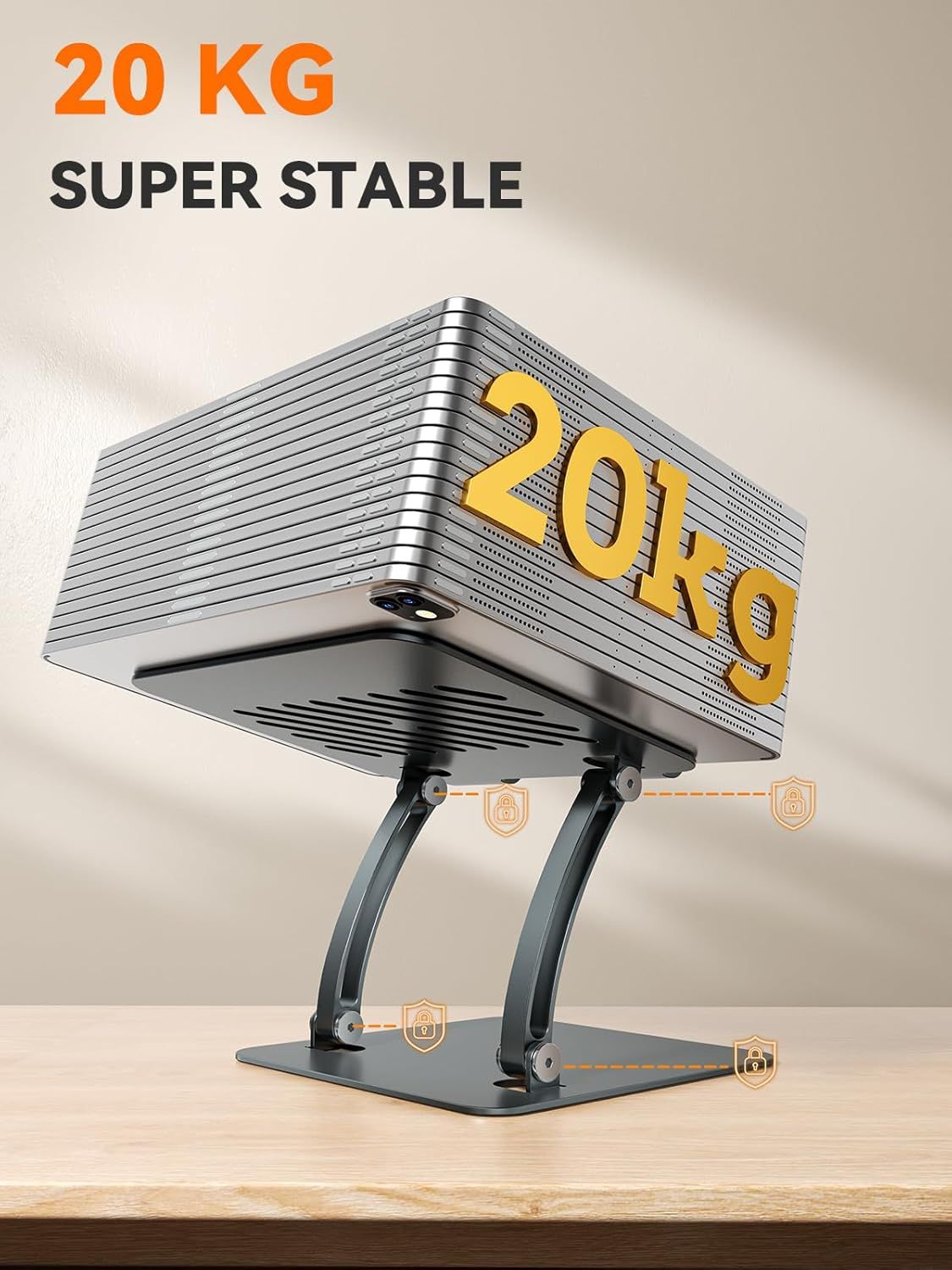 Communicates the stand's impressive 20 kg load-bearing capacity to reassure shoppers that it can safely support heavy laptops or devices. Highlights the physical locking points and structural…