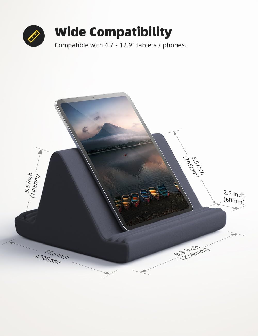 Shows the exact physical dimensions of the tablet stand (height, width, depth) with measurement arrows to help shoppers understand the product's size and footprint. Communicates that the stand is…