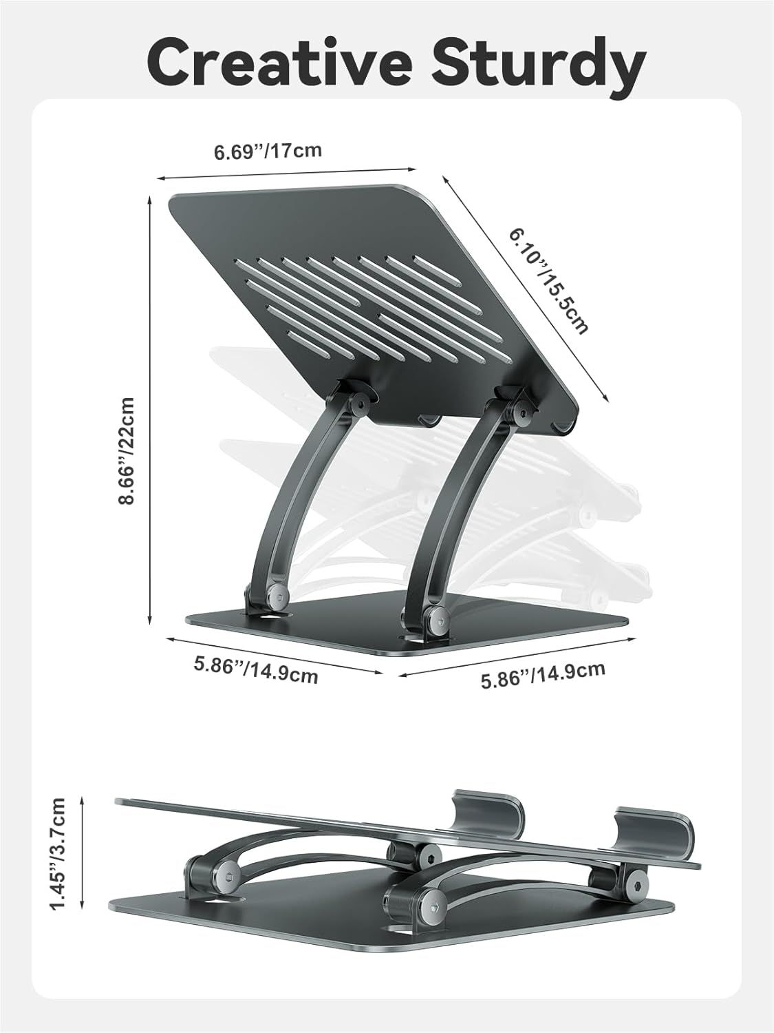 Communicates the exact physical dimensions of the laptop stand in multiple views to help shoppers understand its size and adjustability before purchase.