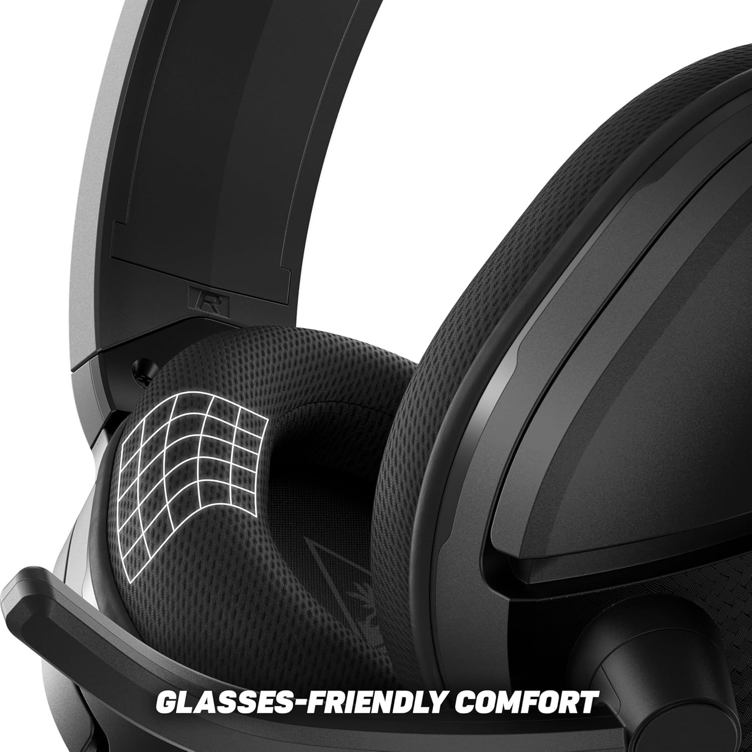 Highlights the headset's comfort design that accommodates eyeglasses, reassuring shoppers who wear glasses that the product won't cause discomfort during extended use.