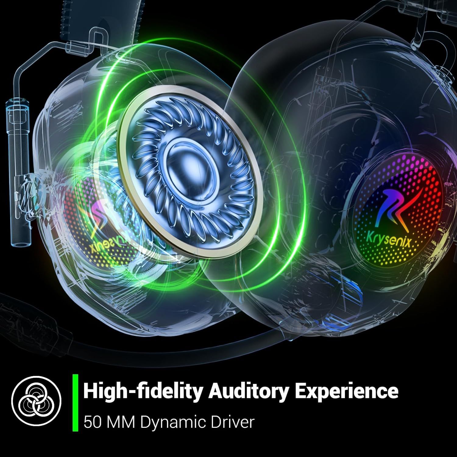 This image uses a transparent cutaway view to showcase the internal driver technology and engineering of the headphones, emphasizing the high-fidelity audio capability through visual breakdown of…
