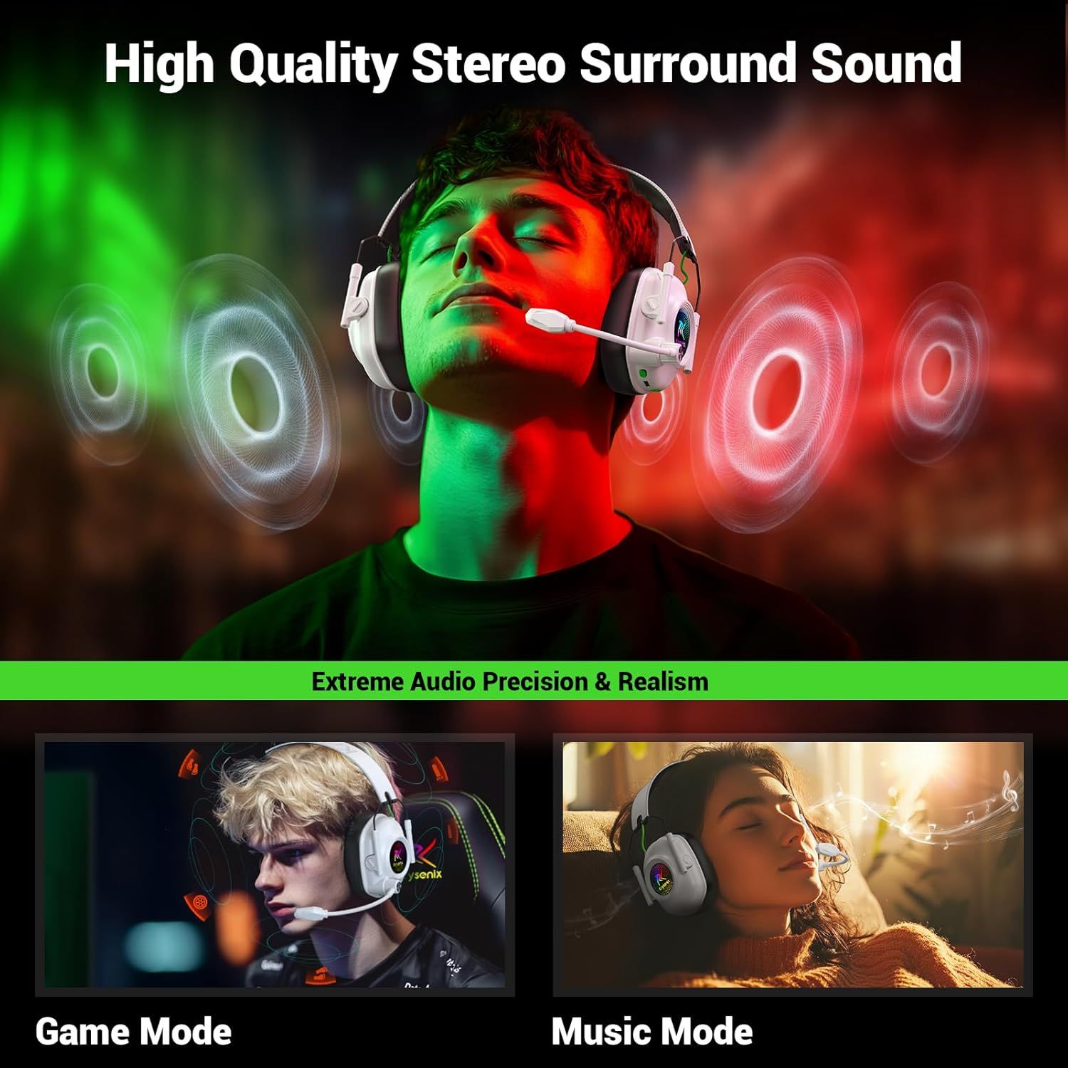 Demonstrates the headset's versatility by showing two distinct use cases: gaming and music listening, reassuring shoppers that the product adapts to different audio needs. Highlights multiple audio…