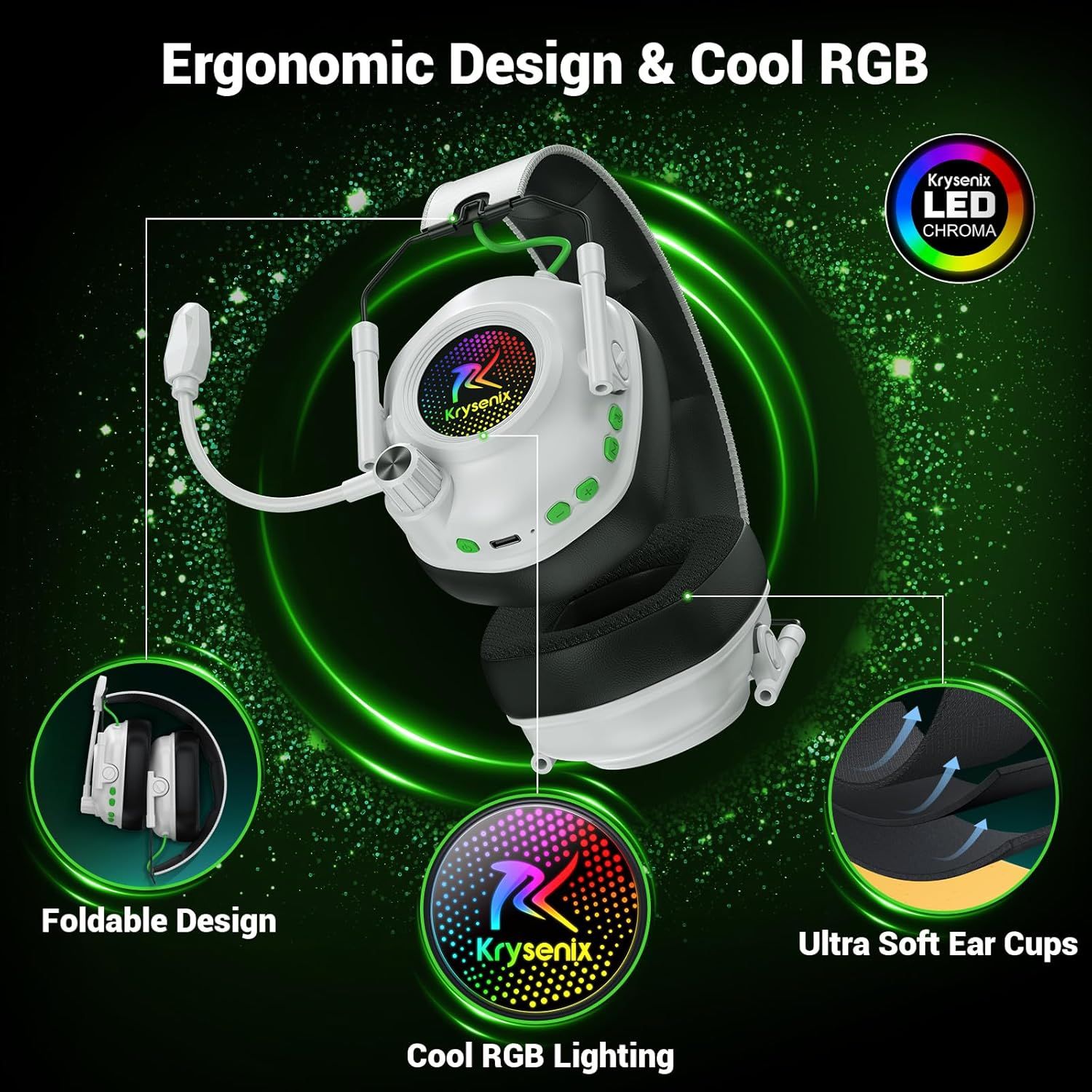 Showcases multiple distinct selling benefits of the gaming headset including its ergonomic design, RGB lighting feature, foldable portability, and comfort through ultra soft ear cups to appeal to…