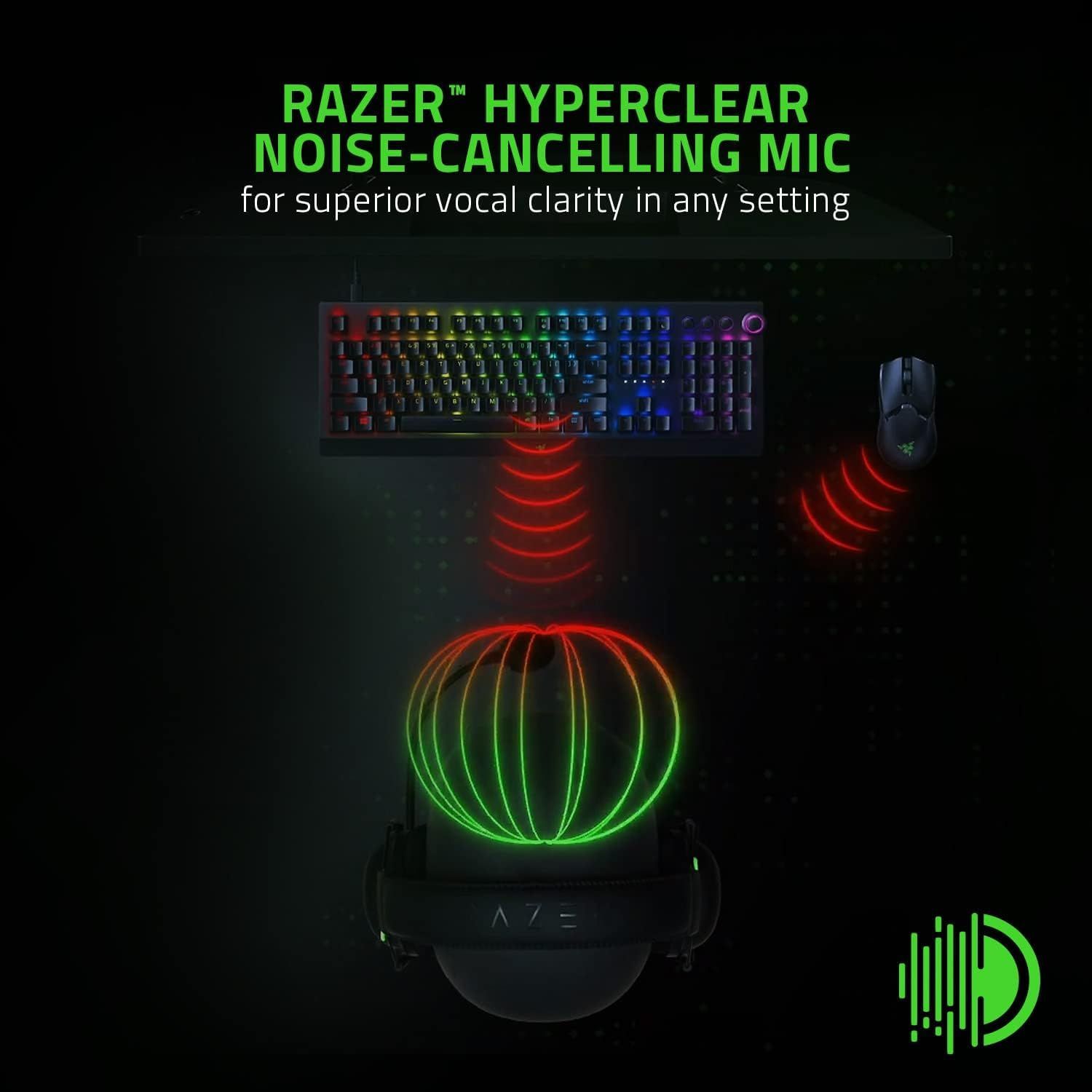 Highlights the Razer HyperClear noise-cancelling microphone feature to communicate superior vocal clarity in any setting, reassuring gamers and users that their voice will be heard clearly.
