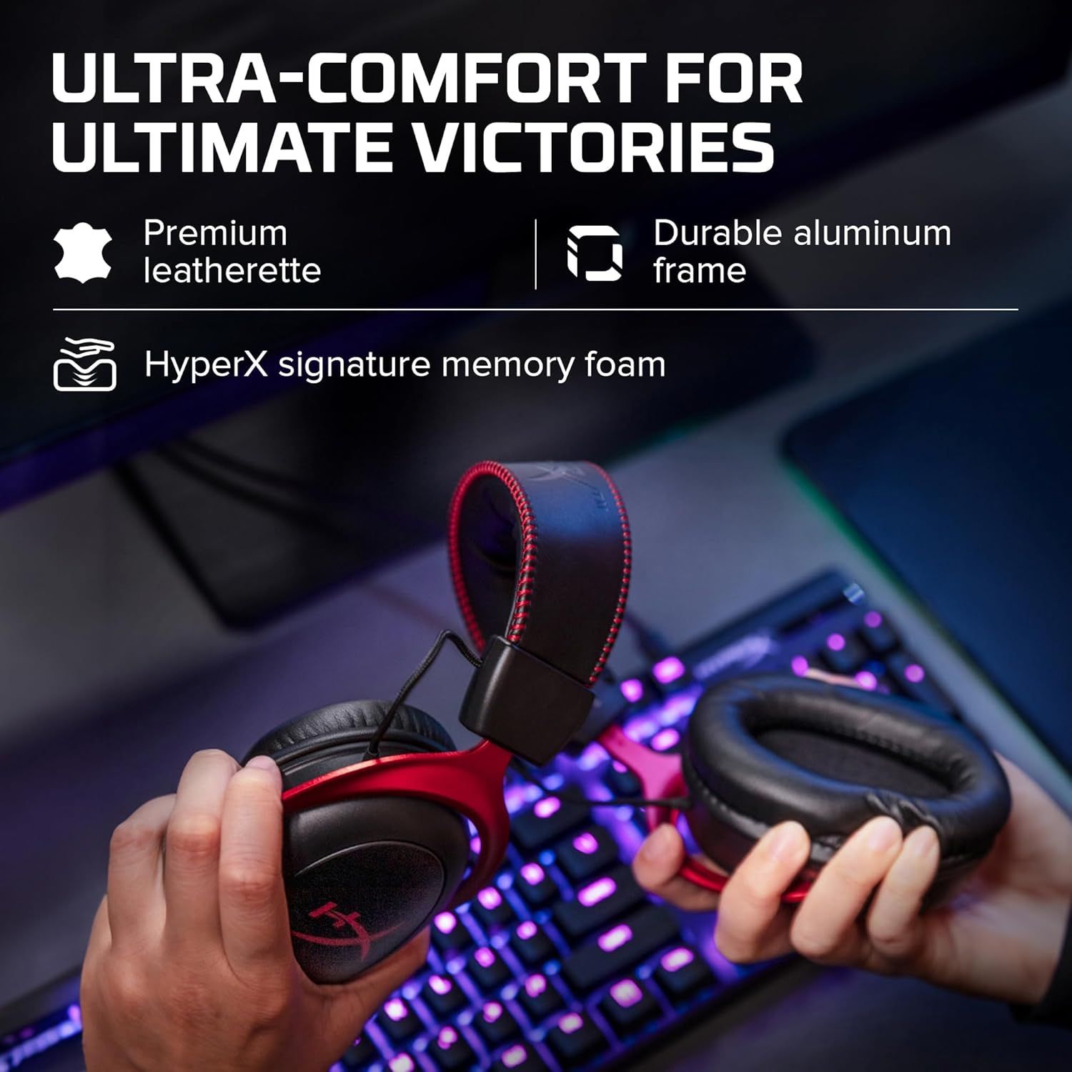 Communicates multiple material and construction benefits of the gaming headset to reassure shoppers of its comfort, durability, and premium quality.