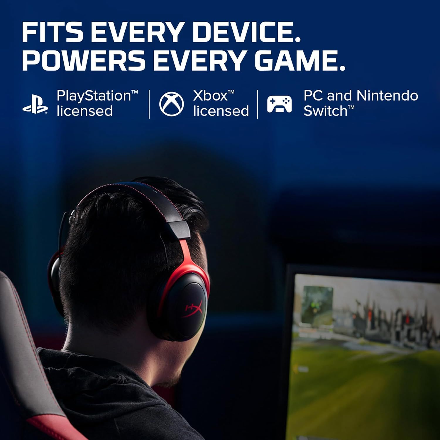 Communicates that the gaming headset is compatible with all major gaming platforms (PlayStation, Xbox, PC, and Nintendo Switch), reassuring shoppers of its versatility and broad device support.