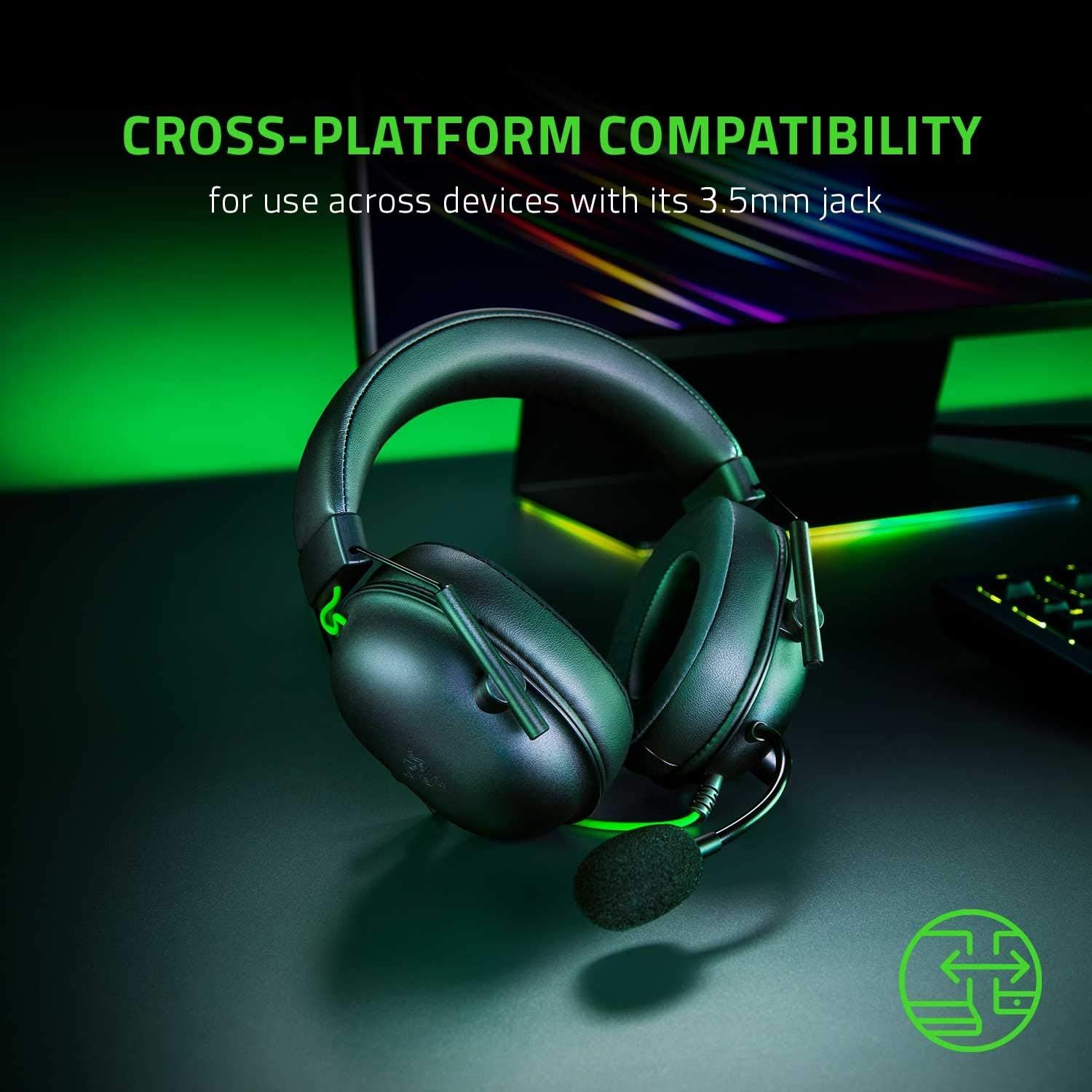 Communicates that the gaming headset works across multiple devices via its 3.5mm jack connection, reassuring shoppers of its versatility and broad device compatibility. Highlights the key benefit of…