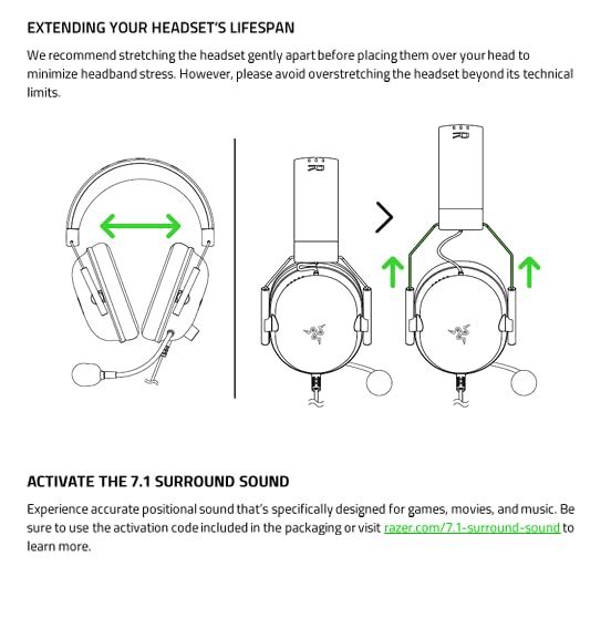 Instructs shoppers on how to properly stretch the headset to extend its lifespan and minimize headband stress, demonstrating the correct technique with step-by-step visuals. Communicates two…