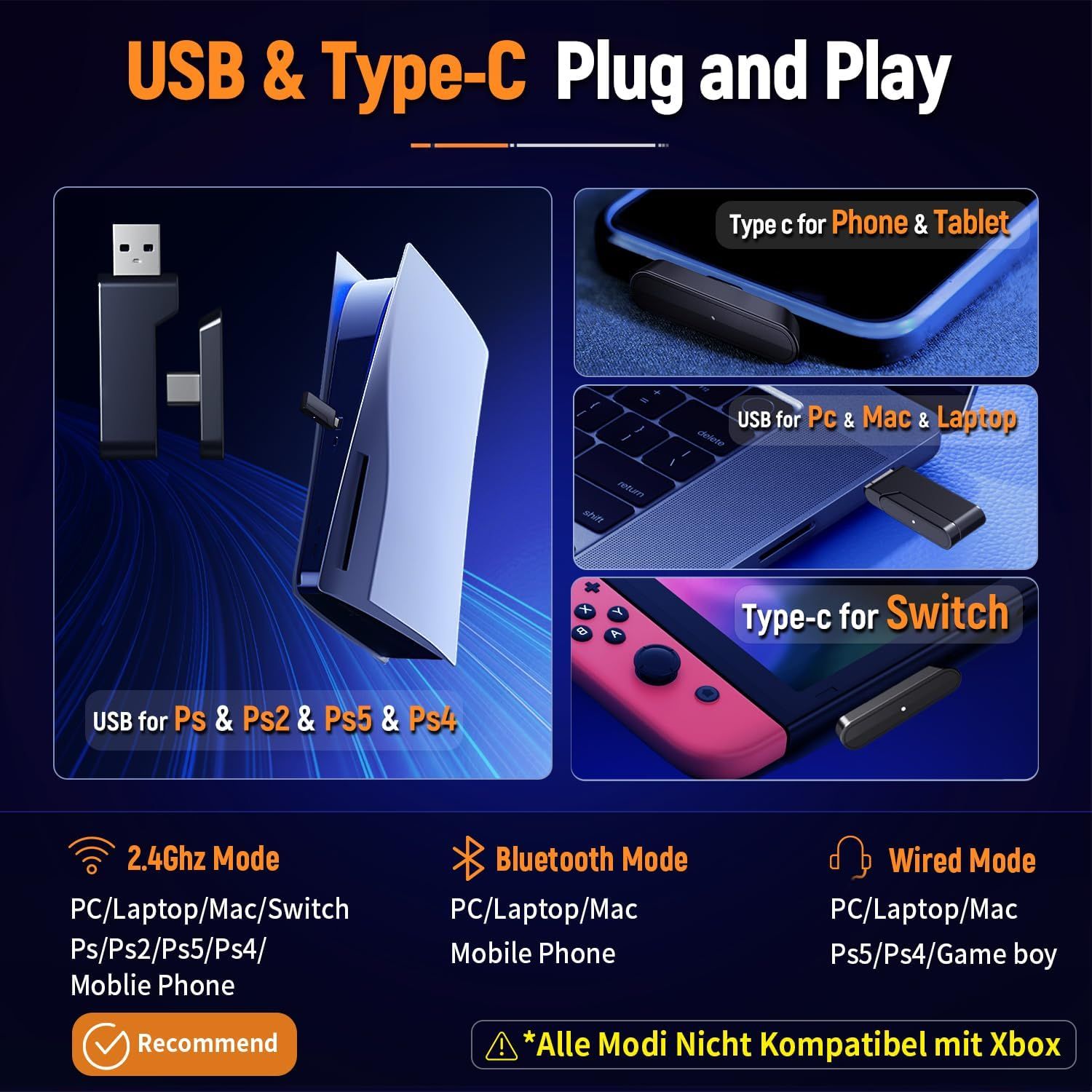Demonstrates the product's versatility by showing compatibility across multiple devices (PlayStation consoles, PC, Mac, laptop, phones, tablets, Switch) and multiple connection methods, reassuring…