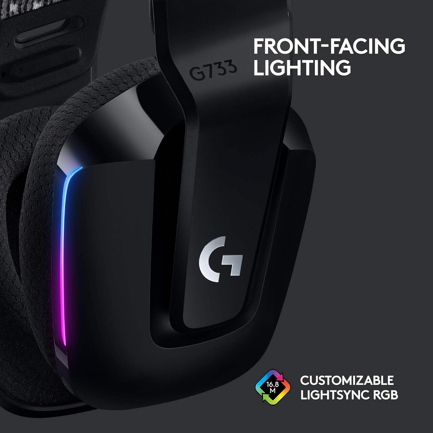 Highlights two distinct lighting features of the gaming headset: the front-facing illumination design and the customizable 16.8M color RGB lighting system, appealing to gamers who value aesthetics…