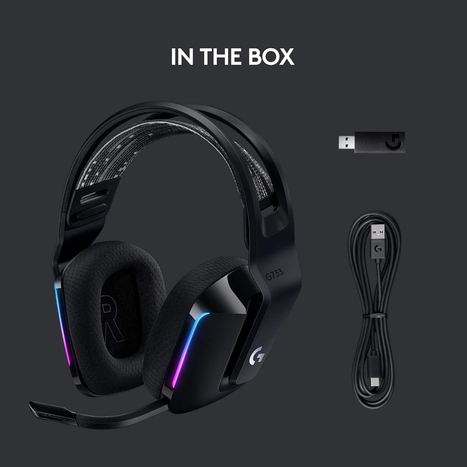 Shows the customer everything included in the box: the gaming headset, USB wireless receiver, and charging cable, providing clarity on what they will receive with their purchase.