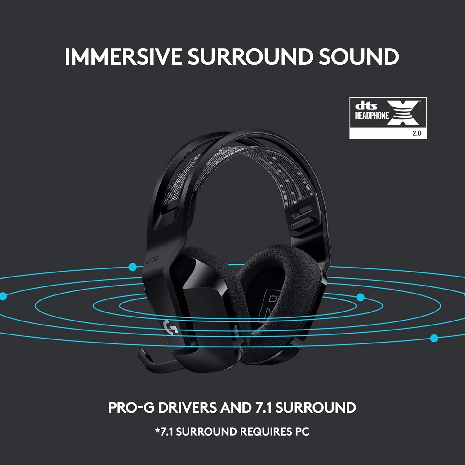 Highlights the headset's immersive surround sound technology and audio quality to appeal to gamers seeking premium audio performance.