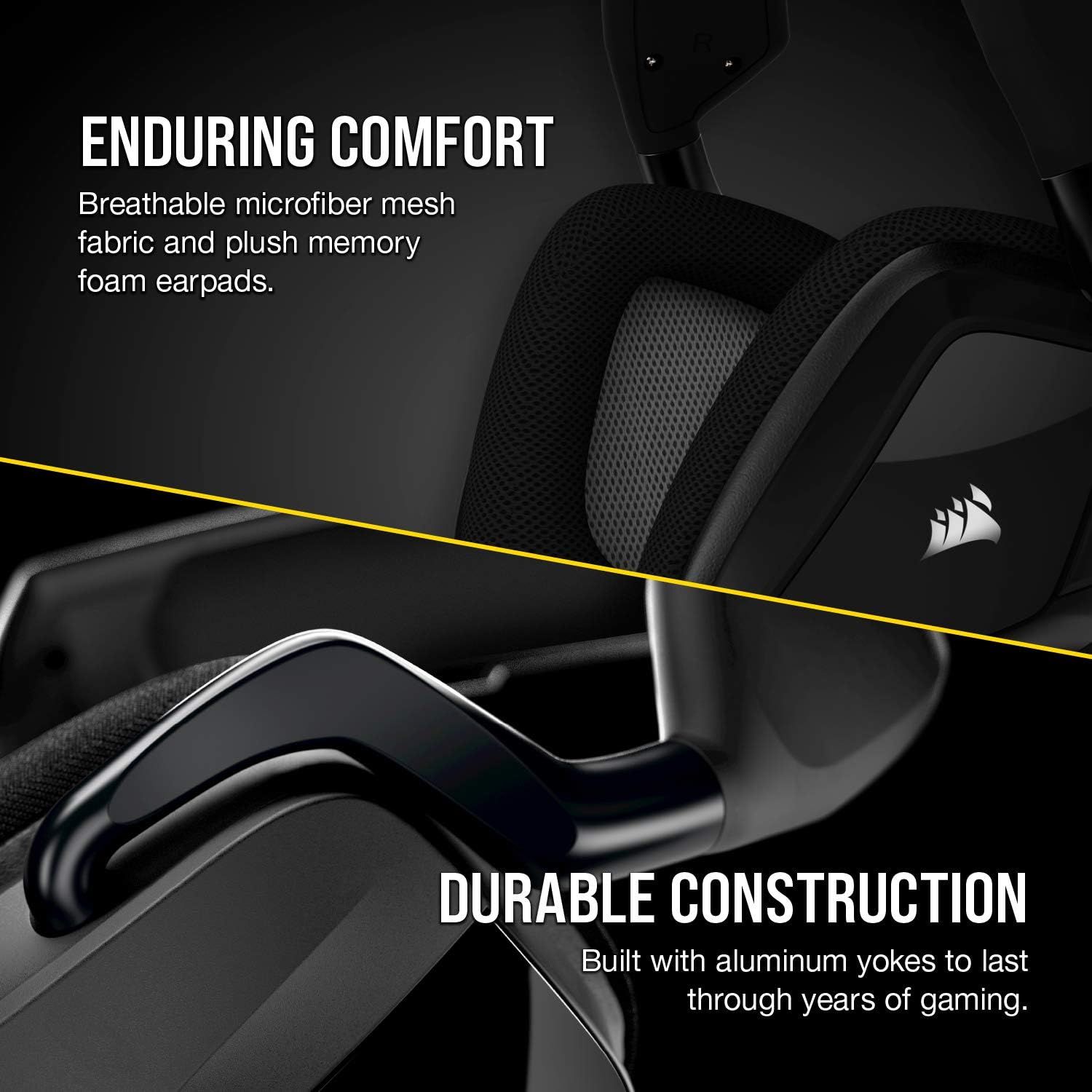 Communicates two distinct product benefits: the comfort of breathable mesh fabric and memory foam earpads, and the durability of aluminum construction built to last through years of gaming.
