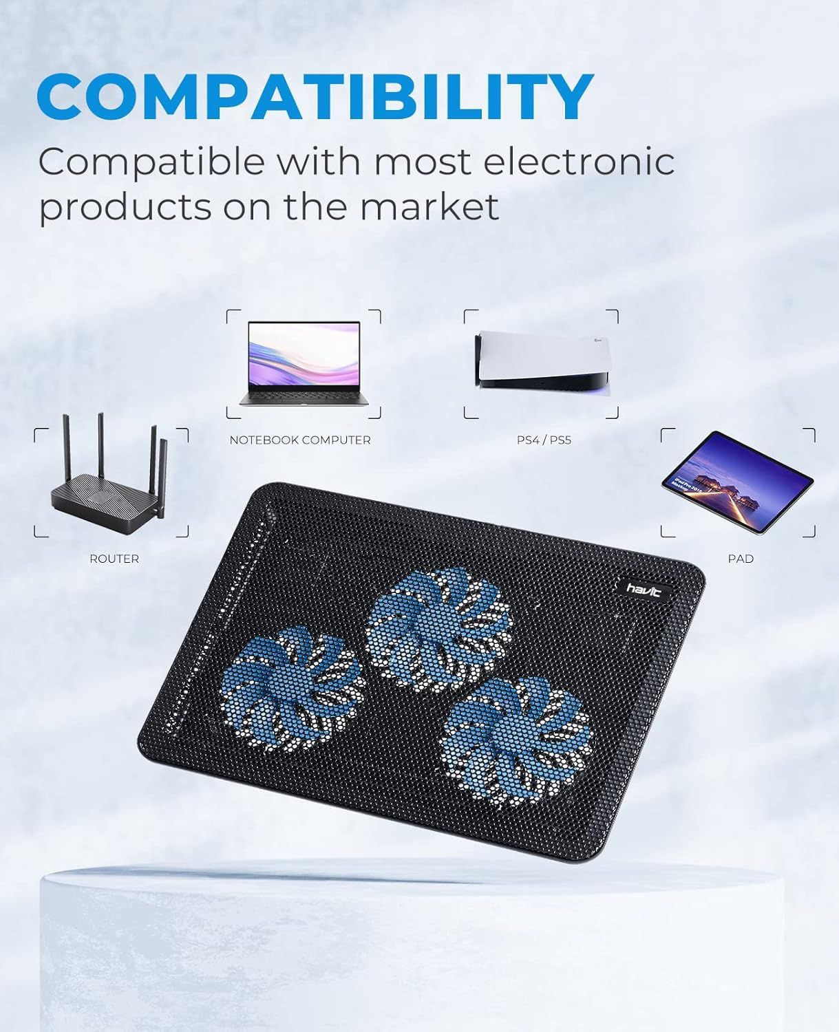 Demonstrates that the cooling pad works with multiple electronic devices including notebooks, gaming consoles, routers, and tablets, reassuring shoppers of its versatility and broad compatibility.