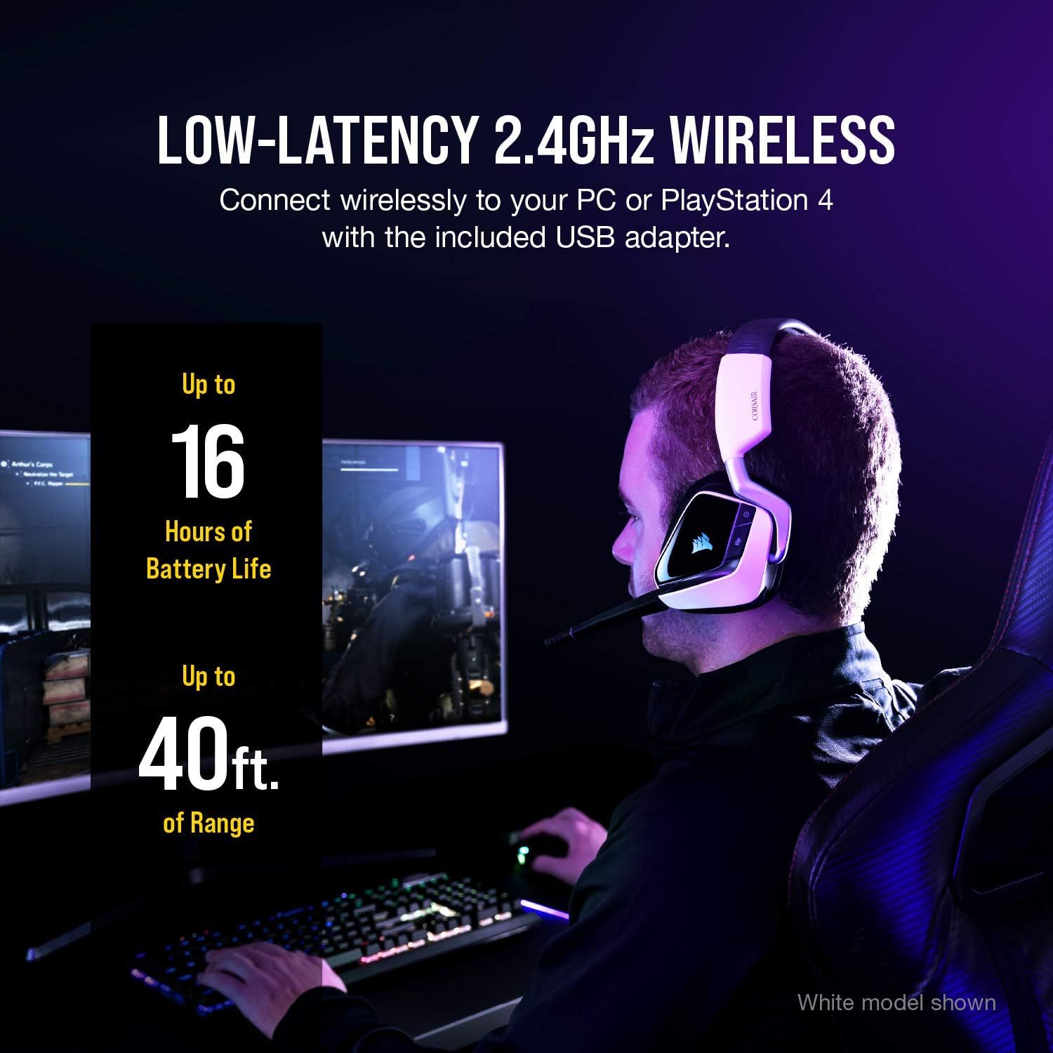 Communicates key performance specifications (battery life, wireless range, and low-latency connectivity) to reassure gamers that the headset delivers long-lasting, reliable wireless performance for…