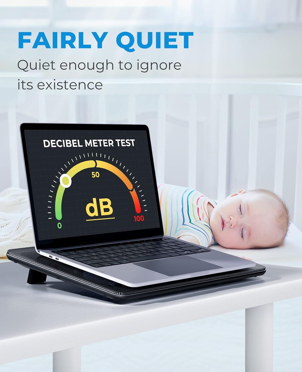 Communicates that the product operates at a very low noise level (around 50 dB) using a decibel meter visual, reassuring shoppers that it won't disturb sleeping babies or quiet environments.…
