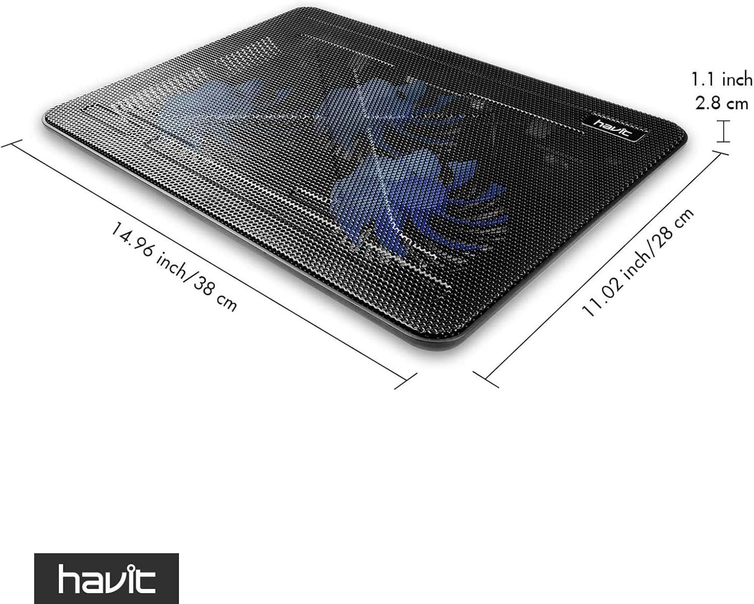 Communicates the exact physical dimensions of the laptop cooling pad to help shoppers understand if it will fit their laptop and workspace.