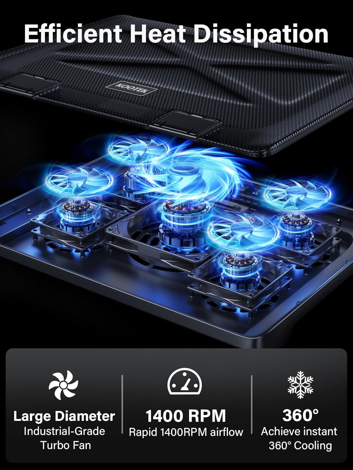 This image reveals the internal cooling mechanism of the product, showing multiple turbo fans and airflow patterns to reassure shoppers that the product has advanced heat management technology.…